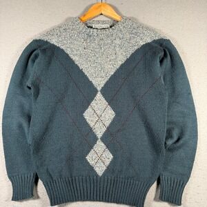 Vintage Unionbay Mens Argyle Crewneck Sweater Blue Speckled Wool‎ Blend Medium